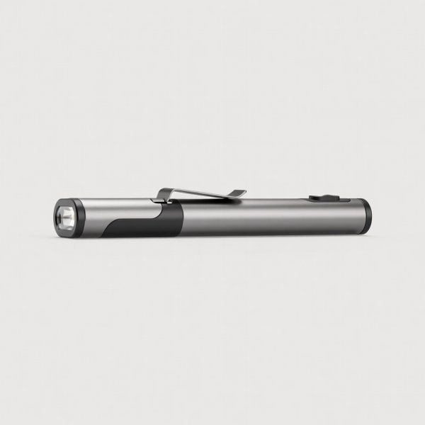 Soft-lit 3D render of a slim clip-on torch on a plain pale background